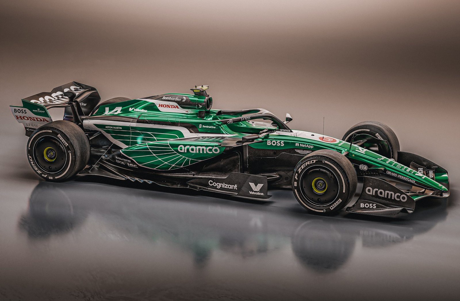 The 2026 Aston Martin F1 2026 car with Fernando Alonso and Adrian Newey. Aramco main sponsor